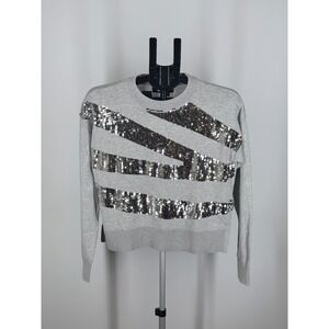 DKNY Womens Gray Sequin Stripe Crew Neck Cropped Sweater XS Silver Embellished